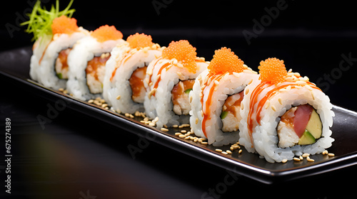 Elegant Sushi Roll Platter with Tobiko Garnish on Black Background