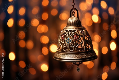 Detailed view of a beautifully crafted handle of a New Year's Eve bell under twinkling holiday lights