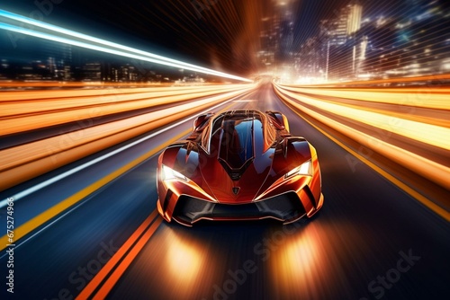 High-tech car zooming on road with impressive speed and vibrant trails. Generative AI © Miriam