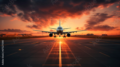 Airplane on the runway, front view. View of a landing plane from the runway. Airplanes fly along the runway. Evening