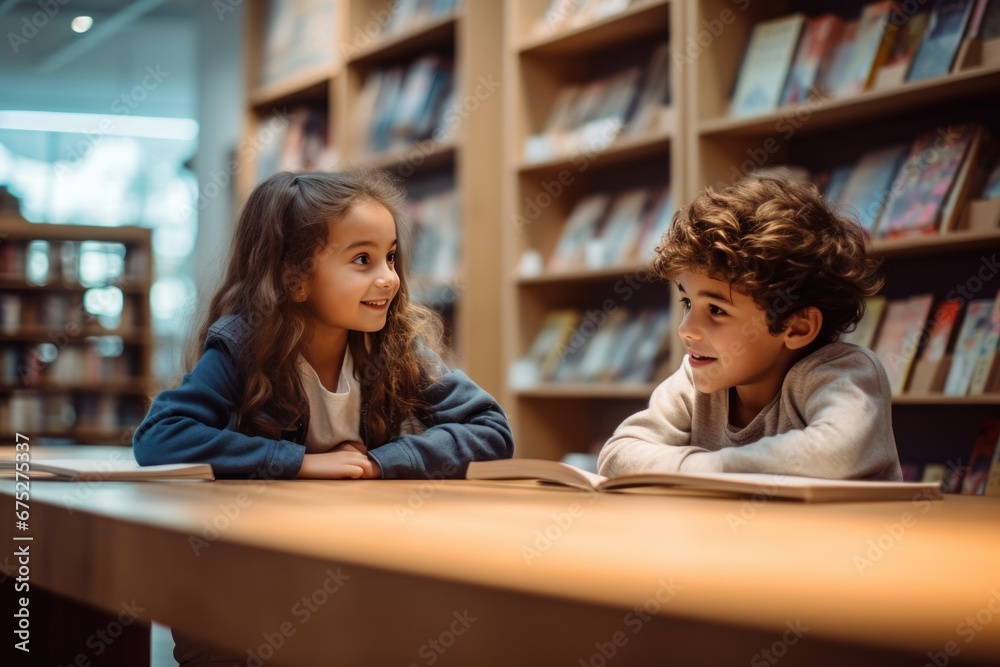 Two children sitting in a bookstore, looking at shelves filled with books, and talking about the books. Reading on the library. Education and back to school concept. - obrazy, fototapety, plakaty 