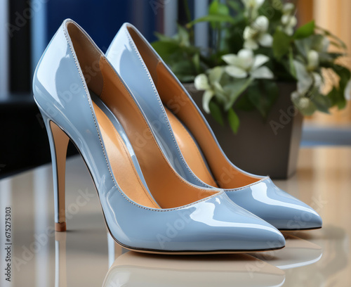 Modern fashion, high heels and shoes for woman. Ai generated stylish stiletto on shop counter. Close-up, cosmetic and beautiful on background.