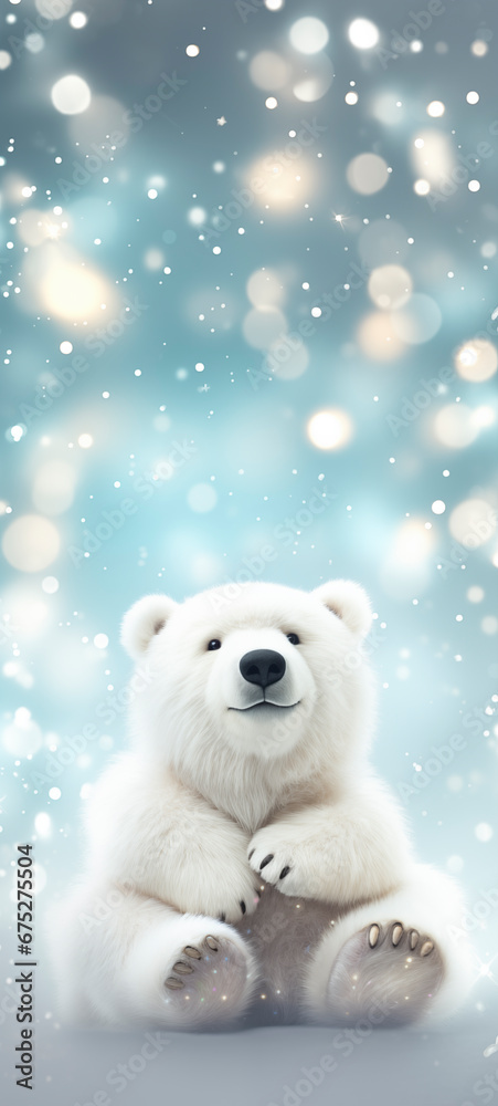 Cute polar bear on blue background with bokeh and snow Cute polar bear on blue background with bokeh and snow