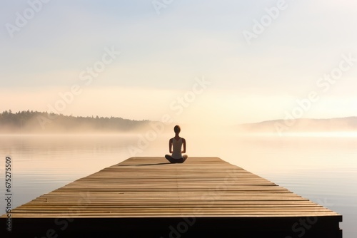 Young woman meditating on a wooden pier on the edge of a lake to improve focus. Woman in a doing yoga on a serene lakeside dock. Yoga, sport, leisure, recreation and freedom. © radekcho