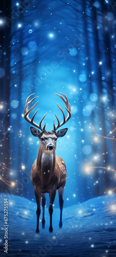  Deer in winter forest. Christmas and New Year concept. 