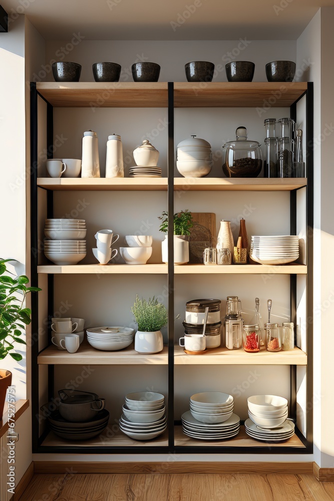 interior space design management small area organize wooden shelf with kitchen and dining stuff arrange on the hanging cabinet home interior detail background concept