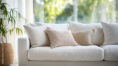 pillow sofa in living area closeup home interior design creative concept warm and cosy decorate contemporary house interior background beige sofa fabric furnish beautiful hose background © VERTEX SPACE