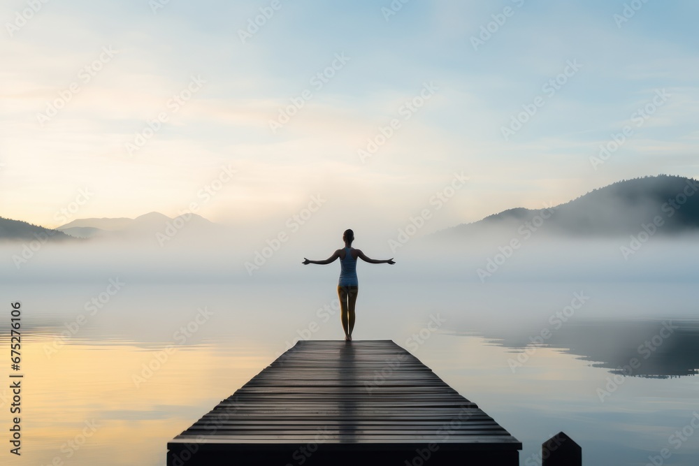 Young woman meditating on a wooden pier on the edge of a lake to improve focus. Woman in a doing yoga on a serene lakeside dock. Yoga, sport, leisure, recreation and freedom.
