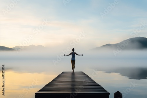 Young woman meditating on a wooden pier on the edge of a lake to improve focus. Woman in a doing yoga on a serene lakeside dock. Yoga, sport, leisure, recreation and freedom. © radekcho