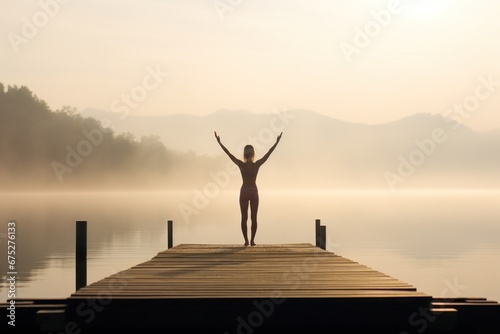 Young woman meditating on a wooden pier on the edge of a lake to improve focus. Woman in a doing yoga on a serene lakeside dock. Yoga, sport, leisure, recreation and freedom.