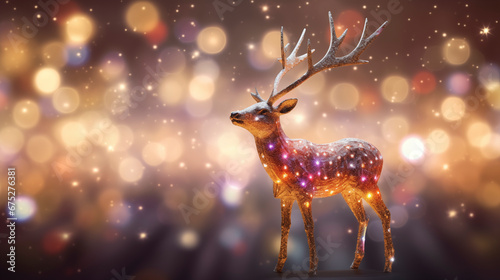 Christmas deer with lights bokeh background. 