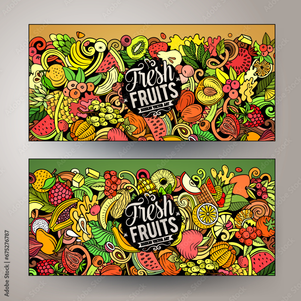 Cartoon vector doodle set of Fresh Fruits banners