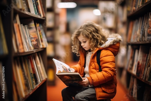 A child looking attentively at the books in a bookstore, interested in reading. Schoolgirl choosing book in school library. Learning from books. Back to school concept.
