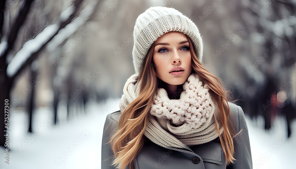 Sensual young model woman posing in outdoor winter scene. Female wearing warm clothes in fashion pose. Autumn winter collection. Sensual young model woman posing in outdoor winter scene. Female wearing warm clothes in fashion pose. Autumn winter collection.