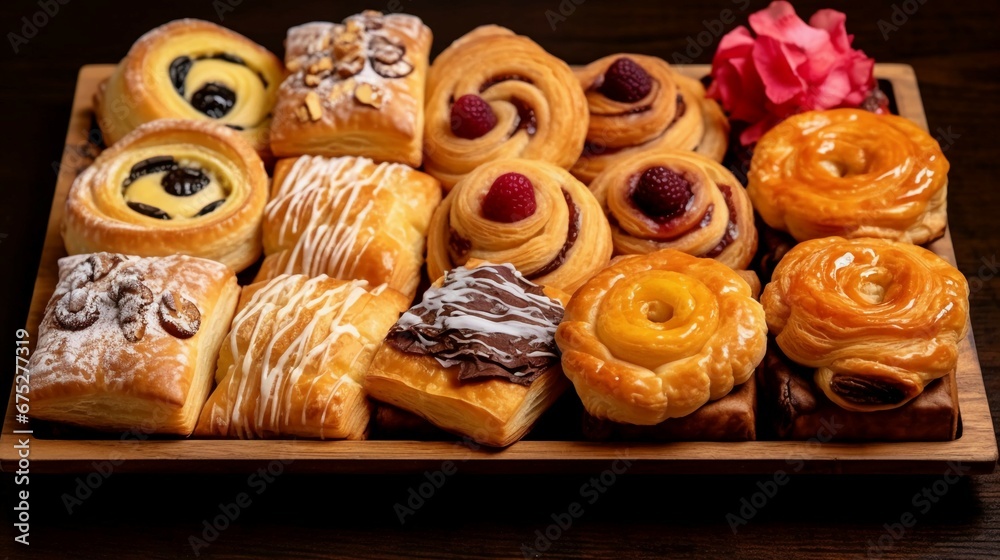 a tray of Danish pastries, their flaky and buttery layers beautifully arranged and adorned with various fillings like sweet fruits, creamy cheese, or rich chocolate