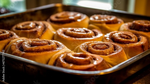 a tray of freshly baked cinnamon rolls, their tender dough spiraled with a generous amount of cinnamon and brown sugar, topped with a luscious cream cheese glaze