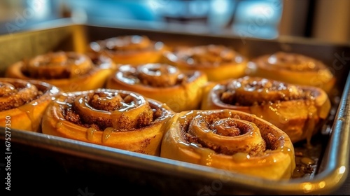 a tray of freshly baked cinnamon rolls, their tender dough spiraled with a generous amount of cinnamon and brown sugar, topped with a luscious cream cheese glaze