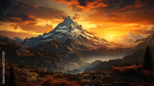 Stunning view of a mountain peak during autumn, bathed in the warm golden light of the setting sun. Perfect for nature and landscape enthusiasts