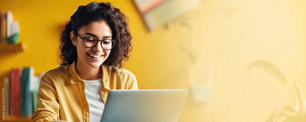 Naklejka premium Happy young woman using laptop sitting at desk writing notes. Banner with empty copy space.