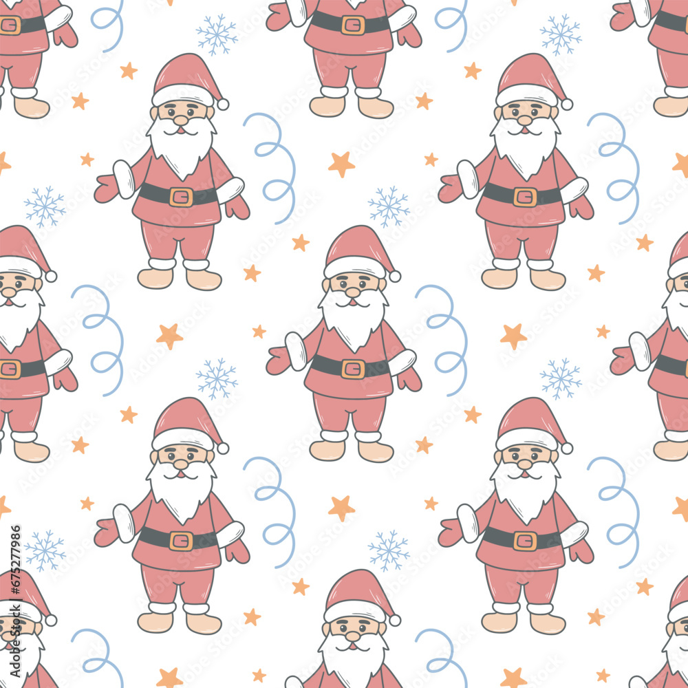 Cute santa claus seamless pattern. Festive star background retro doodle sketch style. New Year character print for wrapping paper, textile, gift, decor and design, vector illustration