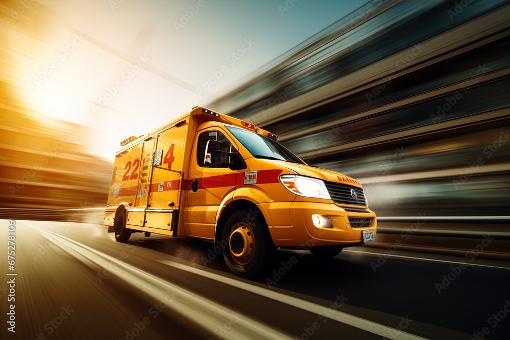 An ambulance racing down the highway. Image with motion blur to give a sense of high speed action and urgency. Great for stories about medical emergencies,  disasters, public health and more. 