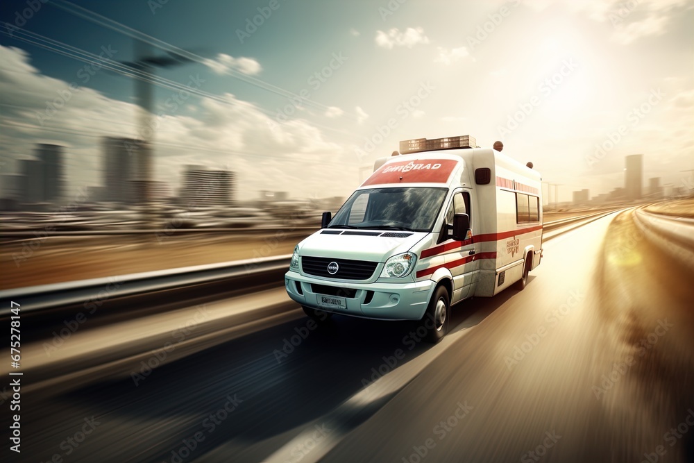 An ambulance racing down the highway. Image with motion blur to give a sense of high speed action and urgency. Great for stories about medical emergencies,  disasters, public health and more. 