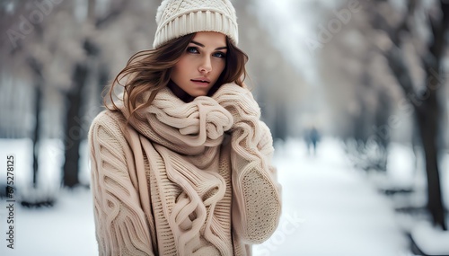 Sensual young model woman posing in outdoor winter scene. Female wearing warm clothes in fashion pose. Autumn winter collection.