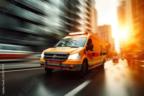 An ambulance racing down the highway. Image with motion blur to give a sense of high speed action and urgency. Great for stories about medical emergencies, disasters, public health and more. 