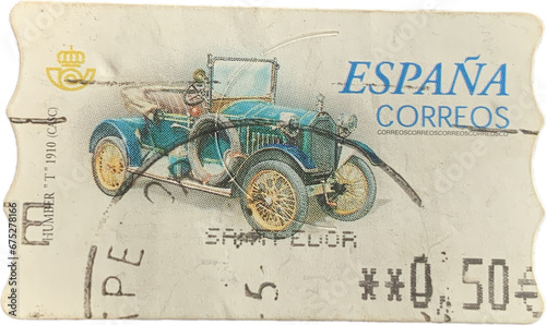 Bari, Italy - November 08, 2023. A stamp printed in Spain shows image of a car Humber T from 1910, circa 1996