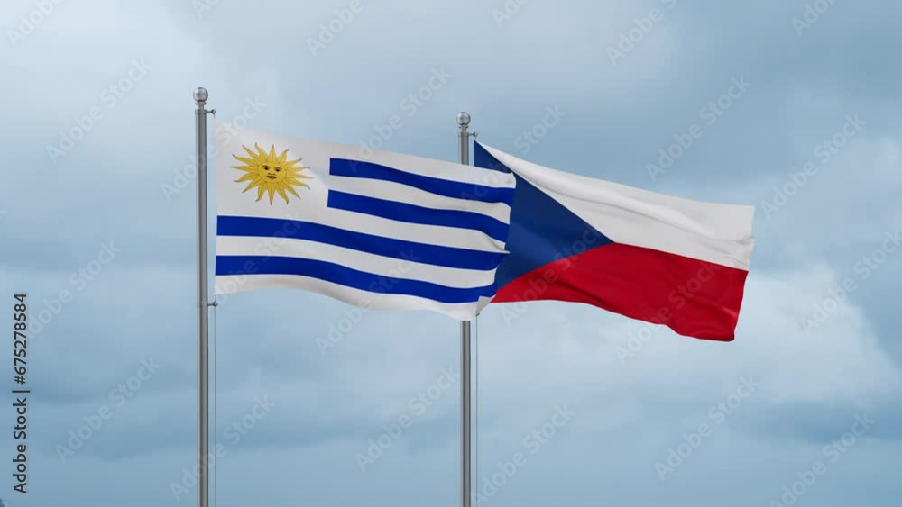 Czech Republic flag and Uruguay flag waving together on cloudy sky, endless seamless loop, two country relations concept Czech Republic flag and Uruguay flag waving together on cloudy sky, endless seamless loop, two country relations concept