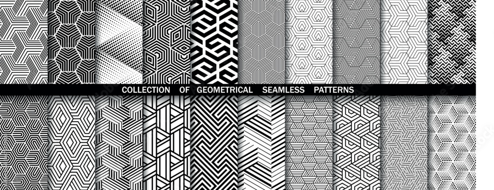 Geometric set of seamless black and white patterns. Simple vector graphics