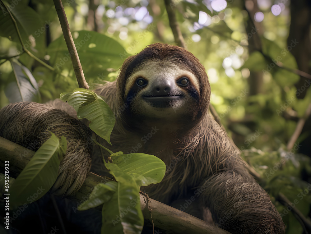 Fototapeta premium Gentle Giant Sloth in Rainforest Canopy, wildlife, Generative AI