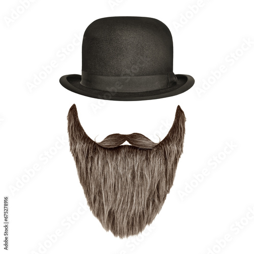 Vintage bowler hat with curly beard and moustache isolated on a white background