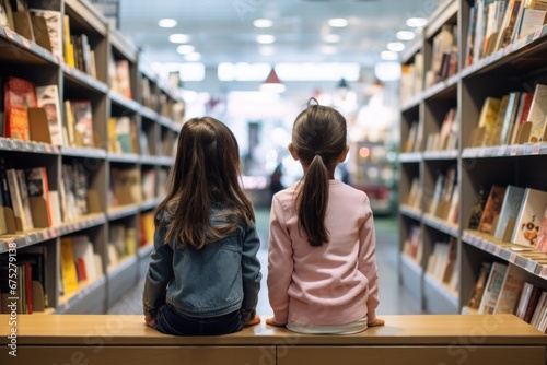 Two children sitting in a bookstore, looking at shelves filled with books, and talking about the books. Reading on the library. Education and back to school concept.