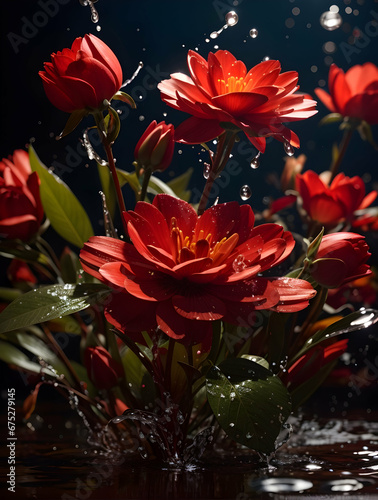 Red flowers concept art with water. Flowers concept art.