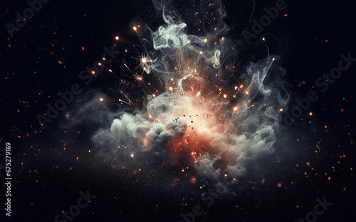 Smoke and fire background Sparks Eruption of sparks White smoke on a black background