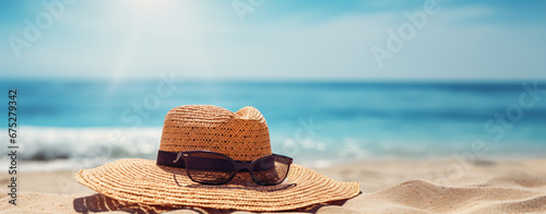 Hat on beach with big sunglasses copy space