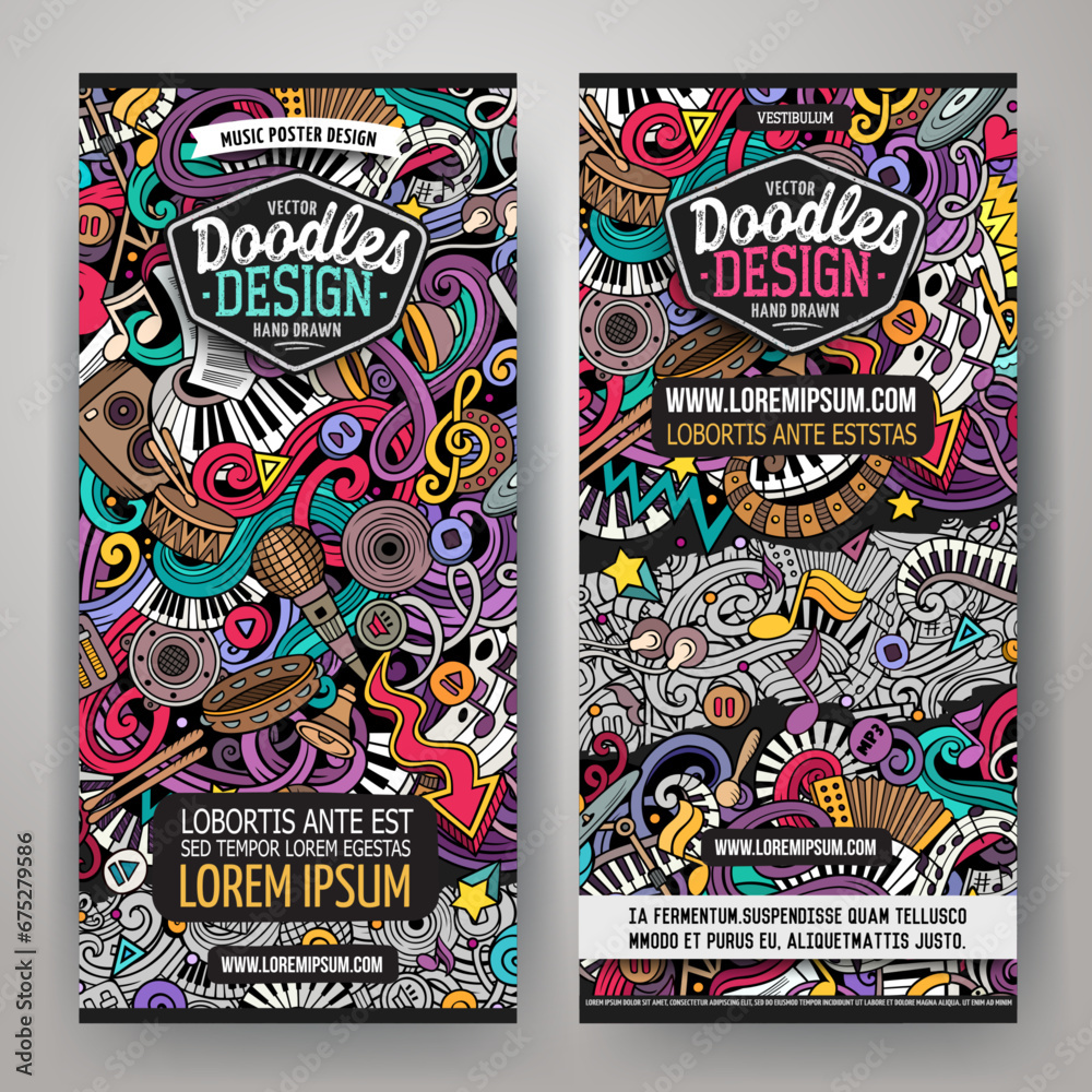 Obraz premium Cartoon cute doodles Music horizontal banners set
