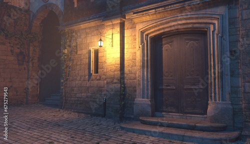 Night on an Empty street of a Mediterranean city. Ancient stone house with closed door and vintage glowing lantern. Beautiful authentic 3D illustration.
