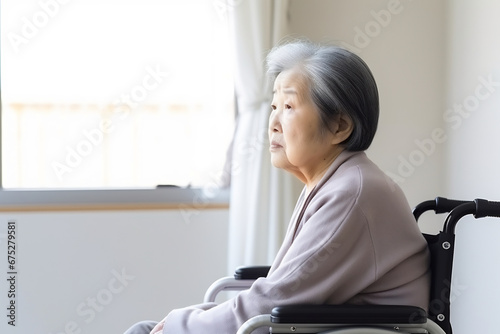 Elderly woman sitting in wheelchair near window taken care of in hospital, older people disability rehab healthcare concept, elderly healthcare concept