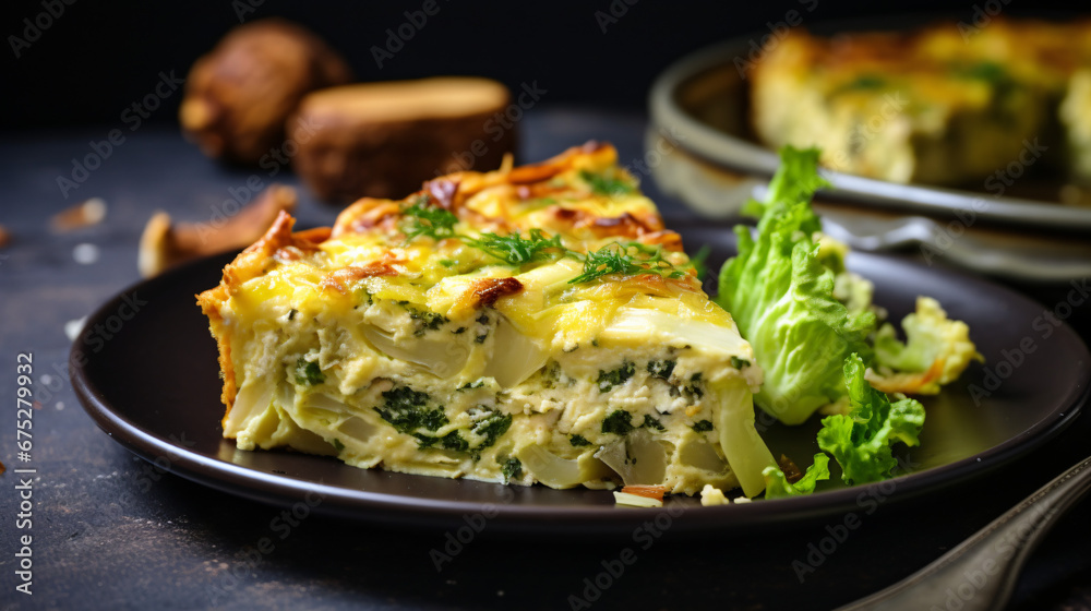 Vegan savoy cabbage quiche gratinated with almond. - obrazy, fototapety, plakaty 