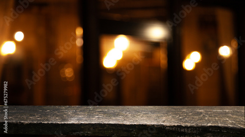 wooden table and bokeh cafe background. product display template