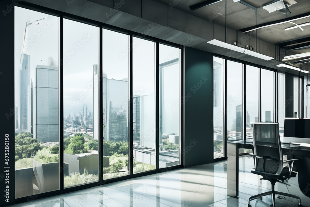 Fototapeta premium office with glass walls and large windows. spacious office space with panoramic windows and glass walls. business interior office buildings concept