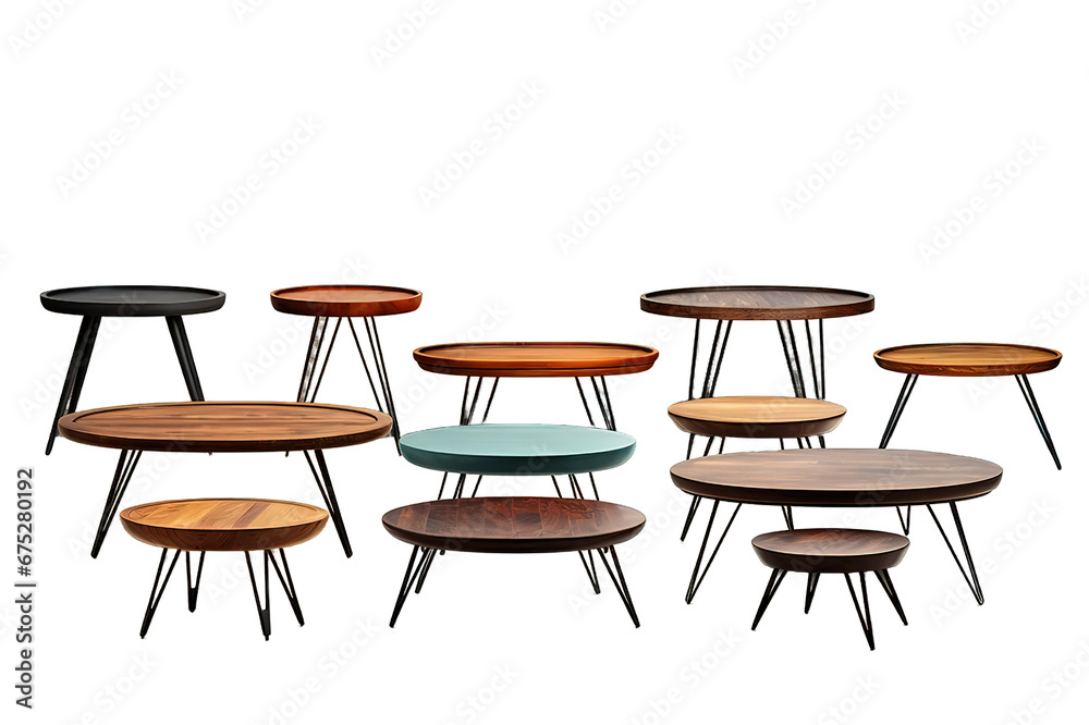 Close up of retro style center coffee table with Scandinavian-style small wooden bench. Interior decoration in a bright, open space living room. isolated on a Transparent background. Generative AI Close up of retro style center coffee table with Scandinavian-style small wooden bench. Interior decoration in a bright, open space living room. isolated on a Transparent background. Generative AI