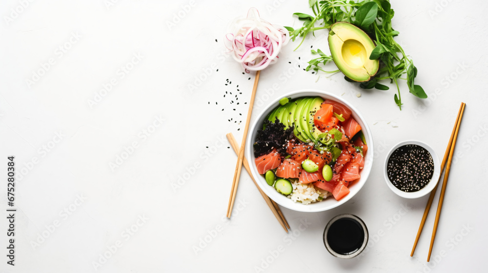Healthy lunch dinner. Poke bowl or sushi bowl