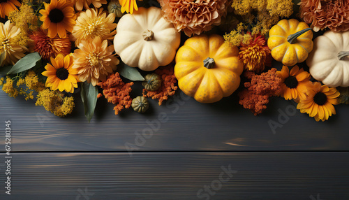 Autumnal Harmony: Pumpkins and Flowers on a Wooden Background,pumpkin and autumn leaves
