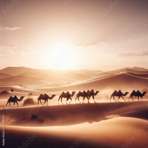 camels in the desert caravan background