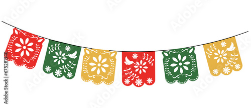 Mexican papel picado paper cut holiday flags and banners. Day of the Dead, Dia De Los Muertos and Cinco de Mayo flags with. Vector illustration. isolated on a white background.