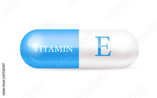 Capsule vitamin E (Thiamine) structure Blue, white. 3D Vitamin complex with chemical formula. Personal care, beauty concept. Vector Illustration. transparent capsule pill. Drug business concept.