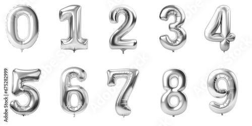 Numbers from 0 to 9 made with foil silver metalic birthday balloons photo